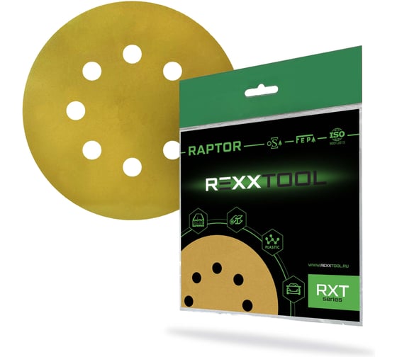 Шлифовальный круг абразивный на липучке REXXTOOL RAPTOR 125мм, 8 отв., 10 штук, P500 RXT-RAPTOR-125-8-500