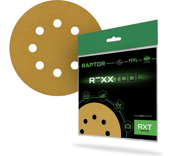 Шлифовальный круг абразивный на липучке REXXTOOL RAPTOR 125мм, 8 отв., 10 штук, P240 RXT-RAPTOR-125-8-240
