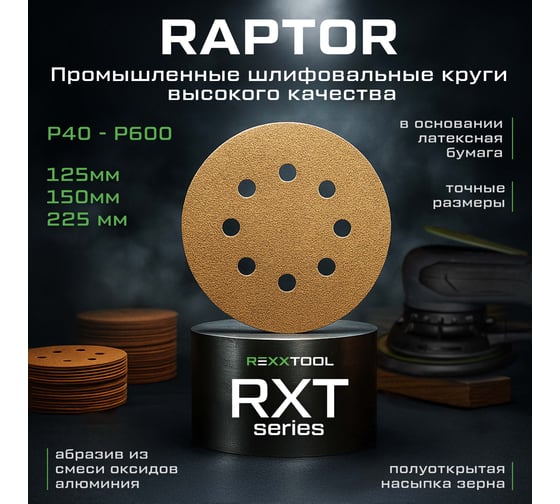 Шлифовальный круг абразивный на липучке REXXTOOL RAPTOR 125мм, 8 отв., 10 штук, P100 RXT-RAPTOR-125-8-100