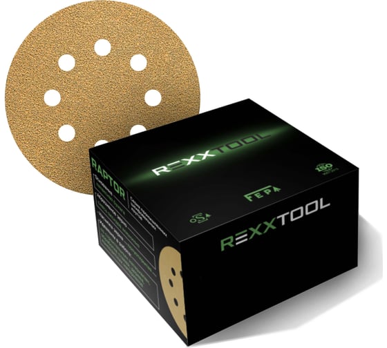 Шлифовальный круг абразивный на липучке REXXTOOL RAPTOR 125мм, 8 отв., 50 штук , P60 RXT-RAPTOR-50-125-8-60