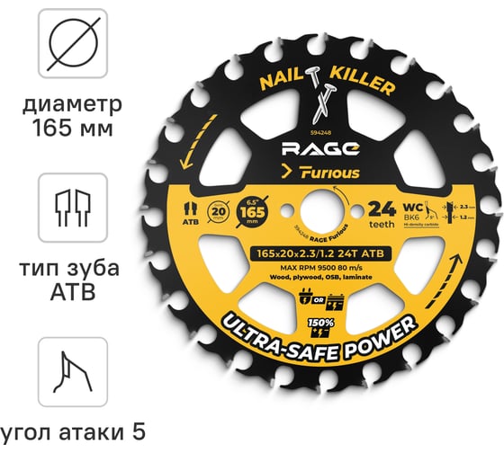 Диск пильный RAGE Furious Wood&Nails 165 мм 24 зуба посадка 20 мм + кольцо 16 мм 594248