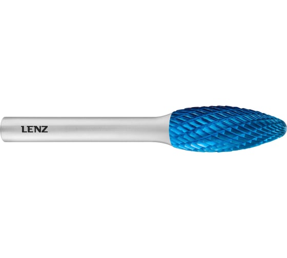 Бор-фреза по металлу твердосплавная LENZ форма H, язычок пламени, 12x32x8х77 мм, C3, с покрытием Blue LZBH 030 C3