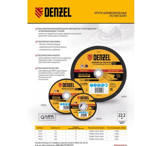Круг шлифовальный по металлу DENZEL 125x6.0x22.2 мм, A24QBF 74271