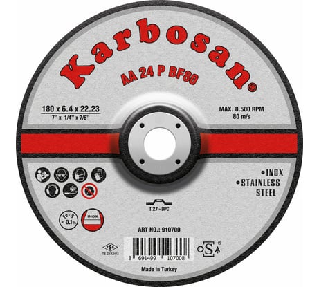 Диск шлифовальный по нержавеющей стали 180х6.4х22 мм INOX Karbosan KAR-910700