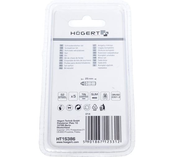 Биты (5 шт; PZ3; 25 мм; сталь S2 TiN) HOEGERT TECHNIK HT1S386