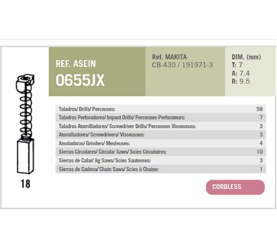 Комплект графитовых щеток Asein MAKITA OEM CB-430 /191971-3 (Комплект = 2 шт.) 0655JX