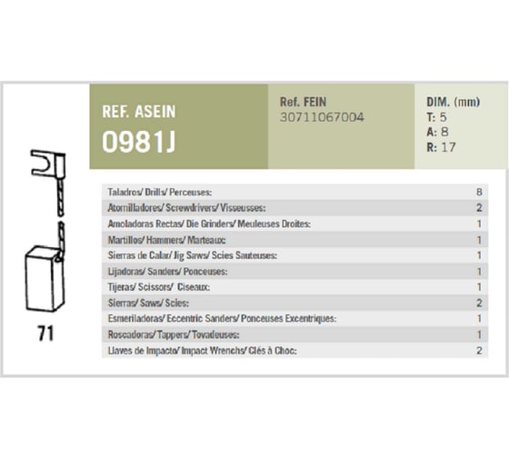 Комплект графитовых щеток Asein FEIN OEM 30711067004 (Комплект = 2 шт.) 0981J