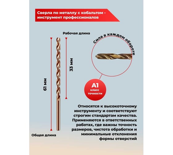 Сверло по металлу HIMBOLT 3,0 мм кобальтовое P6M5K5 (50 шт) HB407ф50