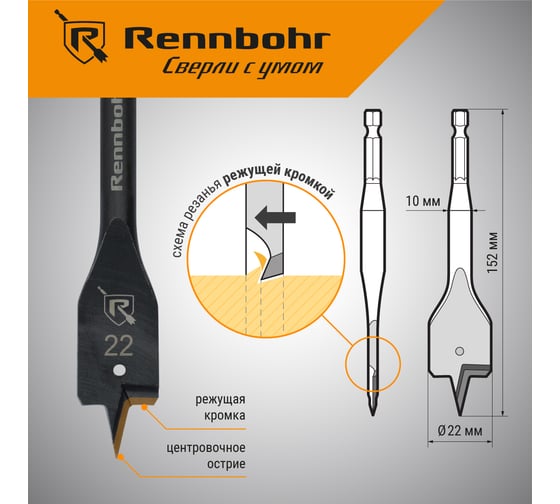 Сверло по дереву перовое Rennbohr Turbo 22x152 мм 759022
