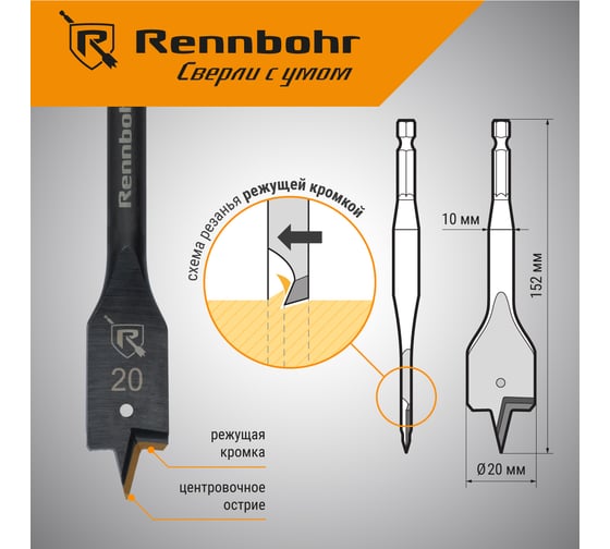 Сверло по дереву перовое Rennbohr Turbo 20x152 мм 759020