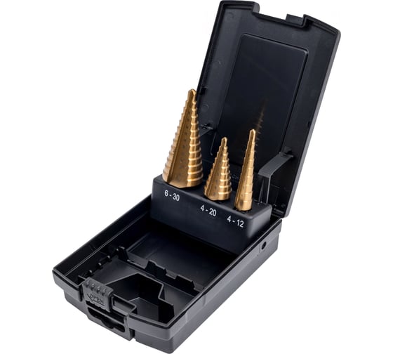 Набор сверл ступенчатых ZALTAR 3 пр., HSS TiN, Gr.1/2/3, 4-12, 4-20, 6-30 мм, прямая канавка, трехплоскостной хвостовик ZA-05351 1