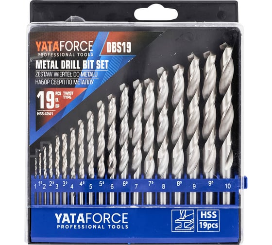 Набор сверл по металлу YATAFORCE HSS, 19 предметов (1/1.5/2/2.5/3/3.5/4/4.5/5/5.5/6/6.5/7/7.5/8/8.5/9/9.5/10мм), в пластиковом футляре YF-DBS19(60728)