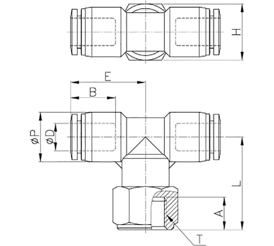 Фитинг Т-образный 12 мм с внутренней металлической резьбой G3/8" CDC Pneumatics PTF 12G03
