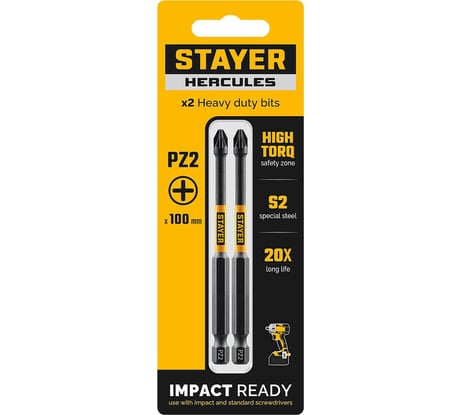 Торсионные биты Stayer HERCULES PZ2, 100 мм, 2 шт 26233-2-100-2