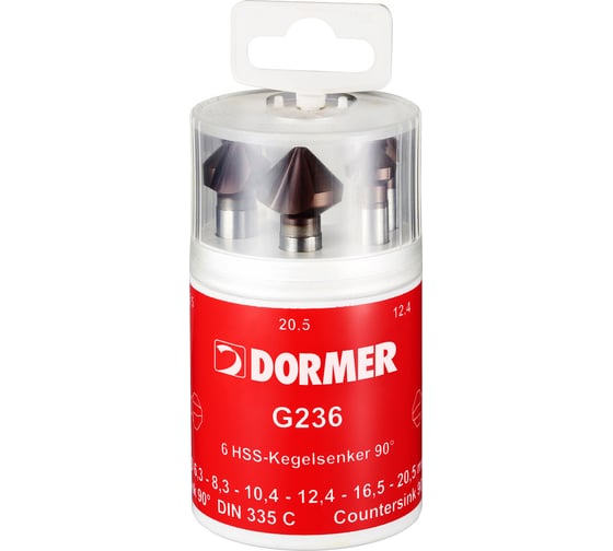 Набор зенковок 6 шт, 90 градусов, HSS, 6.3, 8.3, 10.4, 12.4, 16.5, 20.5 мм Dormer G2365