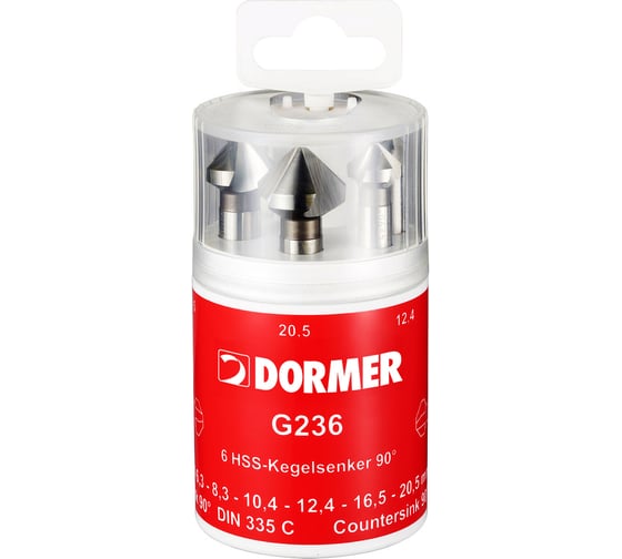 Набор зенковок 6 шт, 90 градусов, HSS, 6.3, 8.3, 10.4, 12.4, 16.5, 20.5 мм Dormer G2364 1