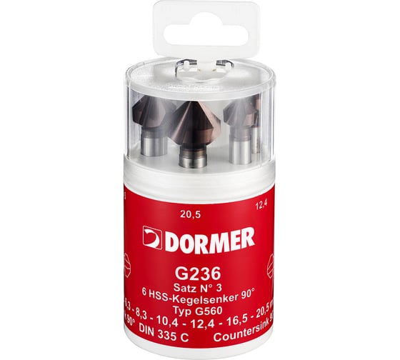 Набор зенковок 6 шт, 90 градусов, HSS, 6.3, 8.3, 10.4, 12.4, 16.5, 20.5 мм Dormer G2363