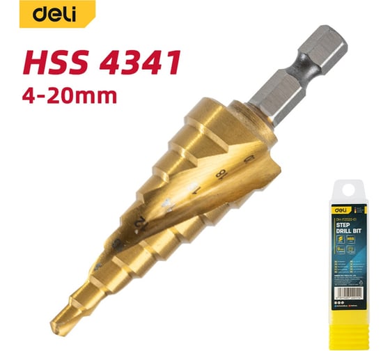 Сверло ступенчатое по металлу Deli 4-20мм DH-JTZ020-E1 (HSS 4341, спиральная канавка, шестигранный хвостовик) 178398