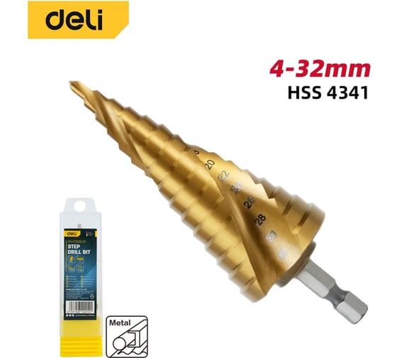 Сверло ступенчатое по металлу Deli 4-32мм DH-JTZ032-E1 (HSS 4341, спиральная канавка, шестигранный хвостовик) 178400