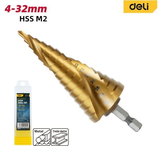 Сверло ступенчатое по металлу Deli 4-32мм DH-JTZ032-E2 (HSS M2, спиральная канавка, шестигранный хвостовик) 178403