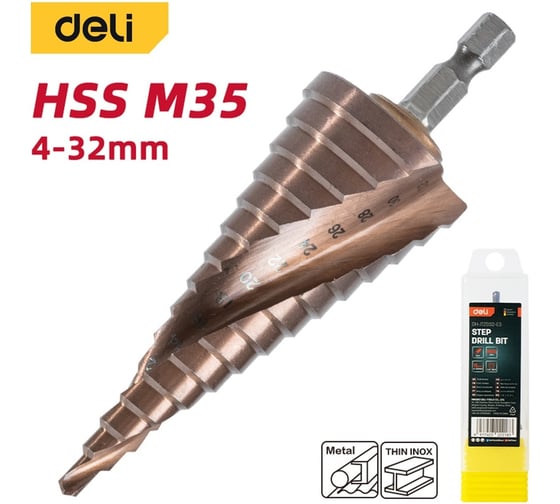 Сверло ступенчатое по металлу Deli 4-32мм DH-JTZ032-E3 (HSS M35, спиральная канавка, шестигранный хвостовик) 178406