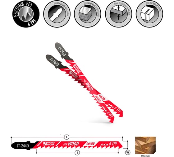Пилки лобзиковые WOODWORK I=75 W=6 L=100 TP=4 TPI=6 (дерево/быстрый рез) комплект из 5шт JT-244D