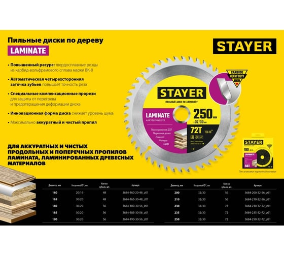 Пильный диск по ламинату STAYER Laminate 230x32/30 мм, 72Т, аккуратный рез 3684-230-32-72_z01