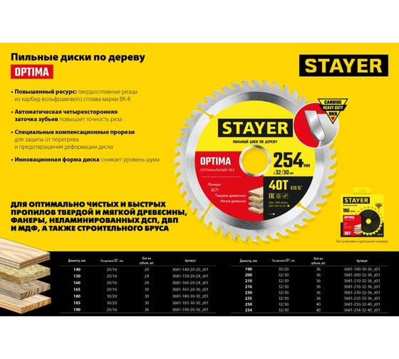Пильный диск по дереву STAYER Optima 216x32/30 мм, 36Т, оптимальный рез 3681-216-32-36_z01