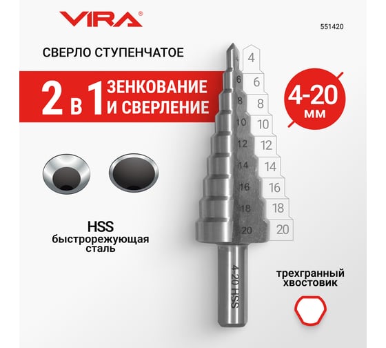 Ступенчатое сверло VIRA по металлу 4-20 мм 551420