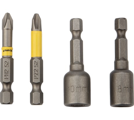 Набор бит и торцевых головок с магнитным держателем 50 мм, (4 шт; PH2, PZ2, 8 мм, 10 мм; сталь S2) KRANZ KR-92-0461