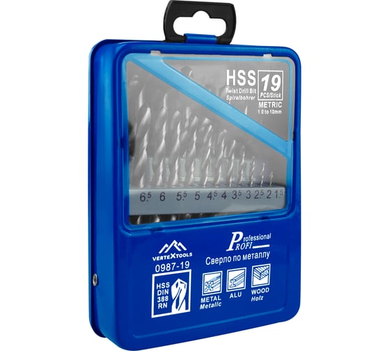 Набор сверл по металлу HSS 19 шт, 1-10 мм Vertextools 0987-19