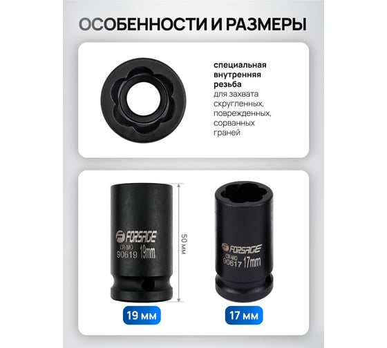 Головки набор Forsage 4 предмета (17, 19мм (6гр.), 17, 19мм (сорв.гр.) F-4035D(65878)