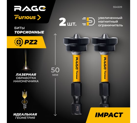 Биты для шуруповерта магнитные торсионные с ограничителем RAGE Furious S2 PZ2 x 50 мм 2 шт 554509