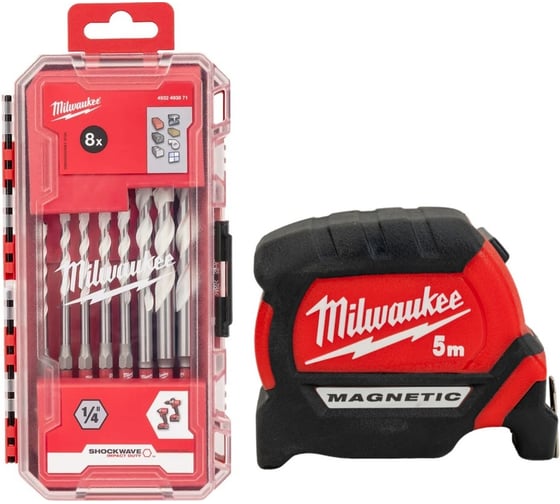 Набор осенние подарки 4 : Сверла универсальные 8 шт. + Магнитная рулетка 5м. Milwaukee 493310009 1