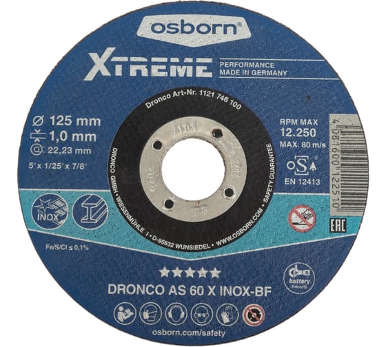 Диск отрезной по нержавейке AS60X XTREME 125x1x22.23 мм DRONCO 1121746100