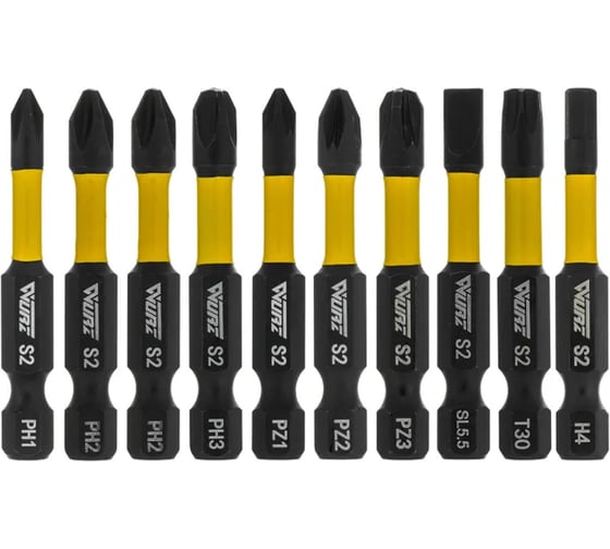 Набор торсионных магнитных бит WURZ 50мм, PH1,PH2(2),PH3,PZ1,PZ2,PZ3,T30,SL5.5,H4, 10шт/бл 4201PC 1