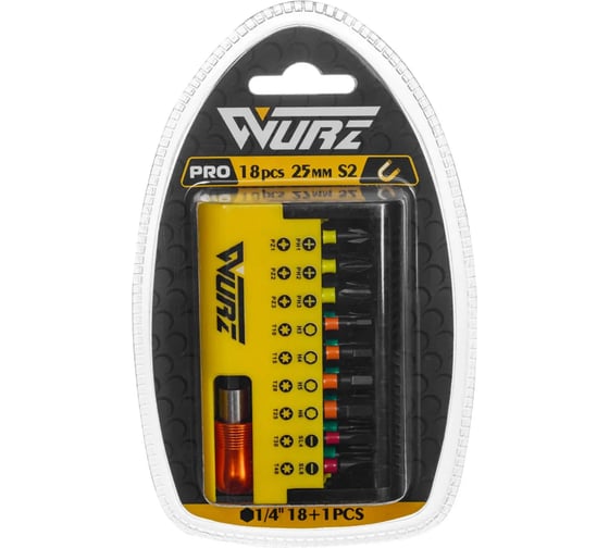 Набор торсионных магнитных бит WURZ 25мм, PH,PZ,SL,Torx,Hex, 18шт с битодержателем, в кейсе, блистер 4204 1