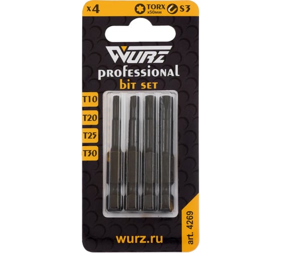Набор торсионных магнитных бит WURZ 50мм, TORX (T10,T20,T25,T30), 4шт/бл 4269 1