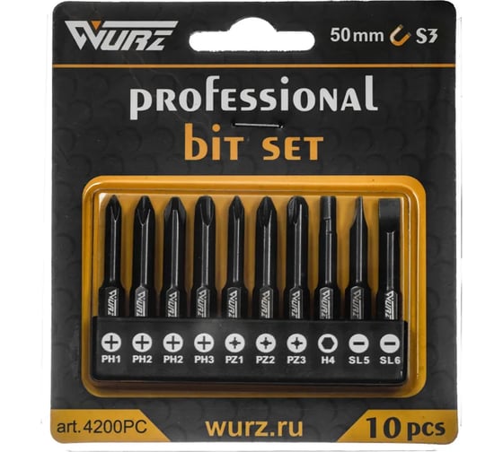 Набор магнитных бит WURZ 50мм, PH1,PH2(2),PH3,PZ1,PZ2,PZ3,SL5,SL6,H4, 10шт/бл 4200PC 1