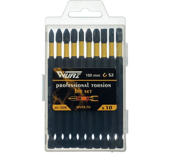 Набор торсионных магнитных бит WURZ 100мм, PH1,PH2(2),PH3,PZ1,PZ2,PZ3,T30,SL5.5,H4, 10шт/бокс 3288 1