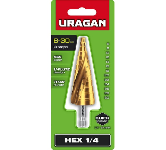 Сверло ступенчатое Uragan 6-30мм, 13 ступеней, винтовая спираль 29658-6-30-13 1