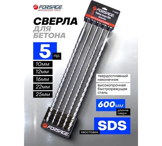 Набор сверл SDS (5 шт; 10/12/16/22/25х600 мм) на пластиковом держателе Forsage 49033 F-4390