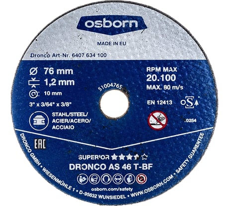 Отрезной диск по металлу Superior AS46T Mini (76х1.2х10 мм) DRONCO 6407634100