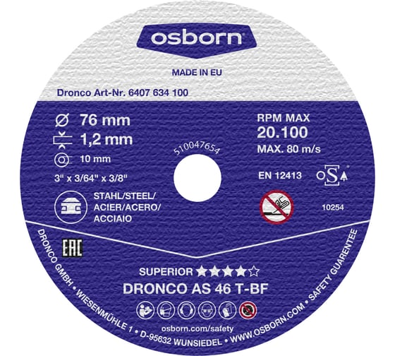 Отрезной диск по металлу Superior AS46T Mini (76х1.2х10 мм) DRONCO 6407634100