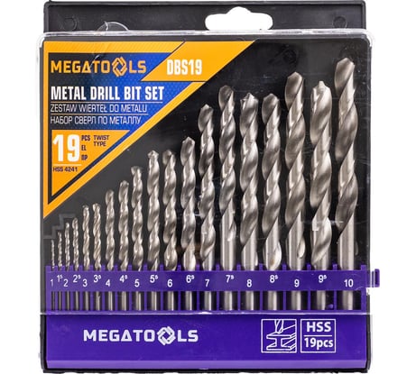 Набор сверл по металлу MEGATOOLS HSS, 19 предметов (1/1.5/2/2.5/3/3.5/4/4.5/5/5.5/6/6.5/7/7.5/8/8.5/9/9.5/10мм), в пластиковом футляре MT-DBS19(60715)