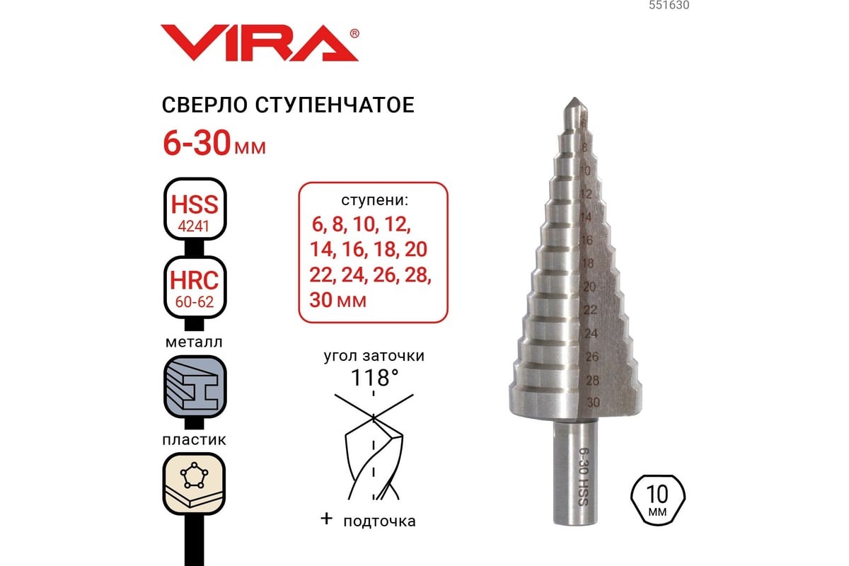 Сверло ступенчатое с шестигранным хвостовиком 9-36 мм Vira Rage. Сверло Forch 551630.