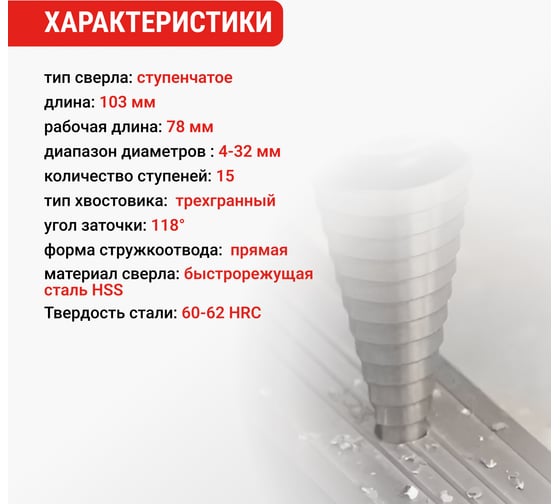 Сверло ступенчатое по металлу 4-32 мм VIRA 551432