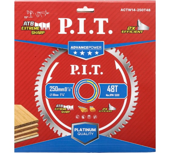 Диск пильный по дереву ADVANCE P.I.T. 250x30x2.2 мм 48T Carbide зуб ATB 15 ACTW14-250T48 1