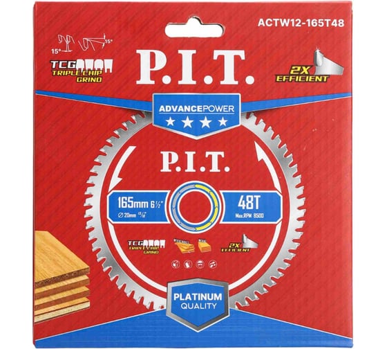 Диск пильный по дереву P.I.T. ADVANCE 165x20x1.4 мм 48T Carbide зуб TCG 15 ACTW12-165T48 1