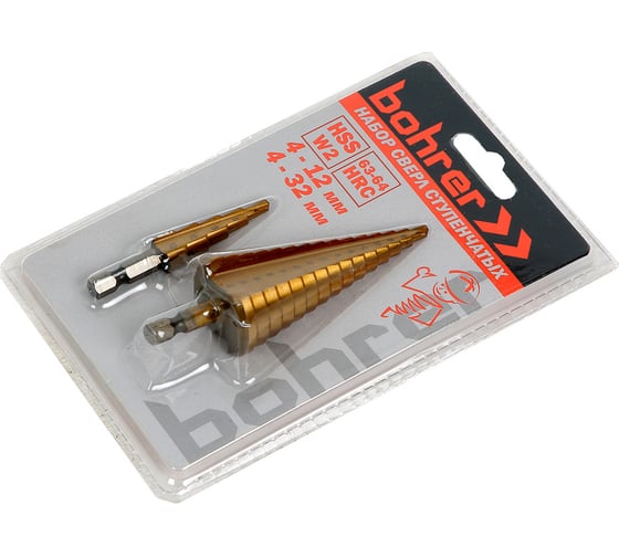 Сверла ступенчатые по металлу Bohrer 4-12 мм 4-32 мм HSS W2 TiN набор 2 шт в блистере 31541232 1